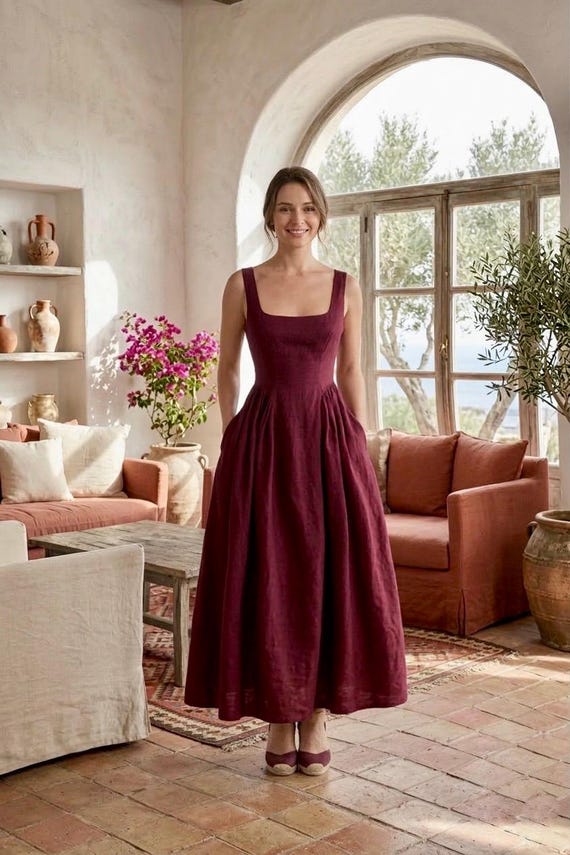 burgundy linen dress Midi With Pockets Renaissance Cottagecore Dress Square Neck Summer Sundress Fit And Flare A Line Gown Gift For Her Size (Slim Fit):M Do not dry clean. NA-10.02.25AM Chocolate Brown Satin Maxi