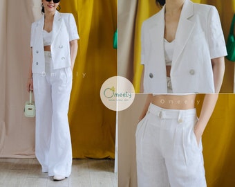 Linen Suit Linen Two Piece Set Short Sleeve Linen Blazer Women White Women Blazer Crop Blazer Vintage Blazer Summer Suit Sustainable Fashion