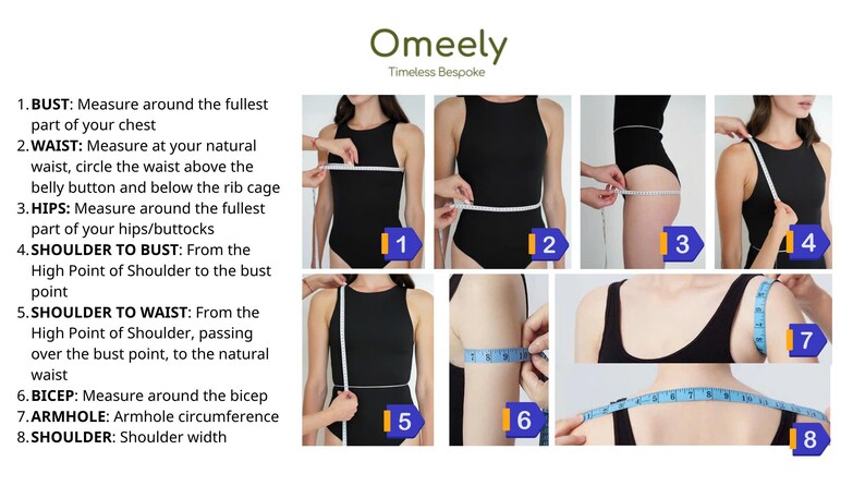 Peut inclure: Une infographie p&eacute;dagogique intitul&eacute;e Omeely Timeless Bespoke pr&eacute;sentant huit sch&eacute;mas num&eacute;rot&eacute;s illustrant des techniques de prise de mesures corporelles pour les v&ecirc;tements, incluant le buste, la taille, les hanches, l'&eacute;paule, le biceps et l'emmanchure.