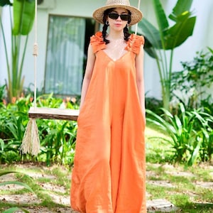 Loose Linen Jumpsuit Bohemian Wide Leg Jumpsuit Linen Romper Flax Romper Linen Playsuit Casual Jumpsuits Linen Pantsuit Personalized Gifts