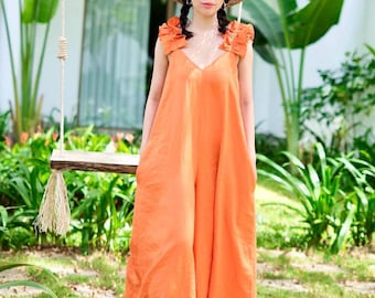 Loose Linen Jumpsuit Bohemian Wide Leg Jumpsuit Linen Romper Flax Romper Linen Playsuit Casual Jumpsuits Linen Pantsuit Personalized Gifts