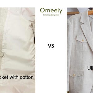 May include: A comparison of two beige jackets. The left side shows a lined jacket with cotton, featuring a single button. The right side shows an unlined jacket with two flap pockets and two buttons. The text Omeely Timeless Bespoke is visible.