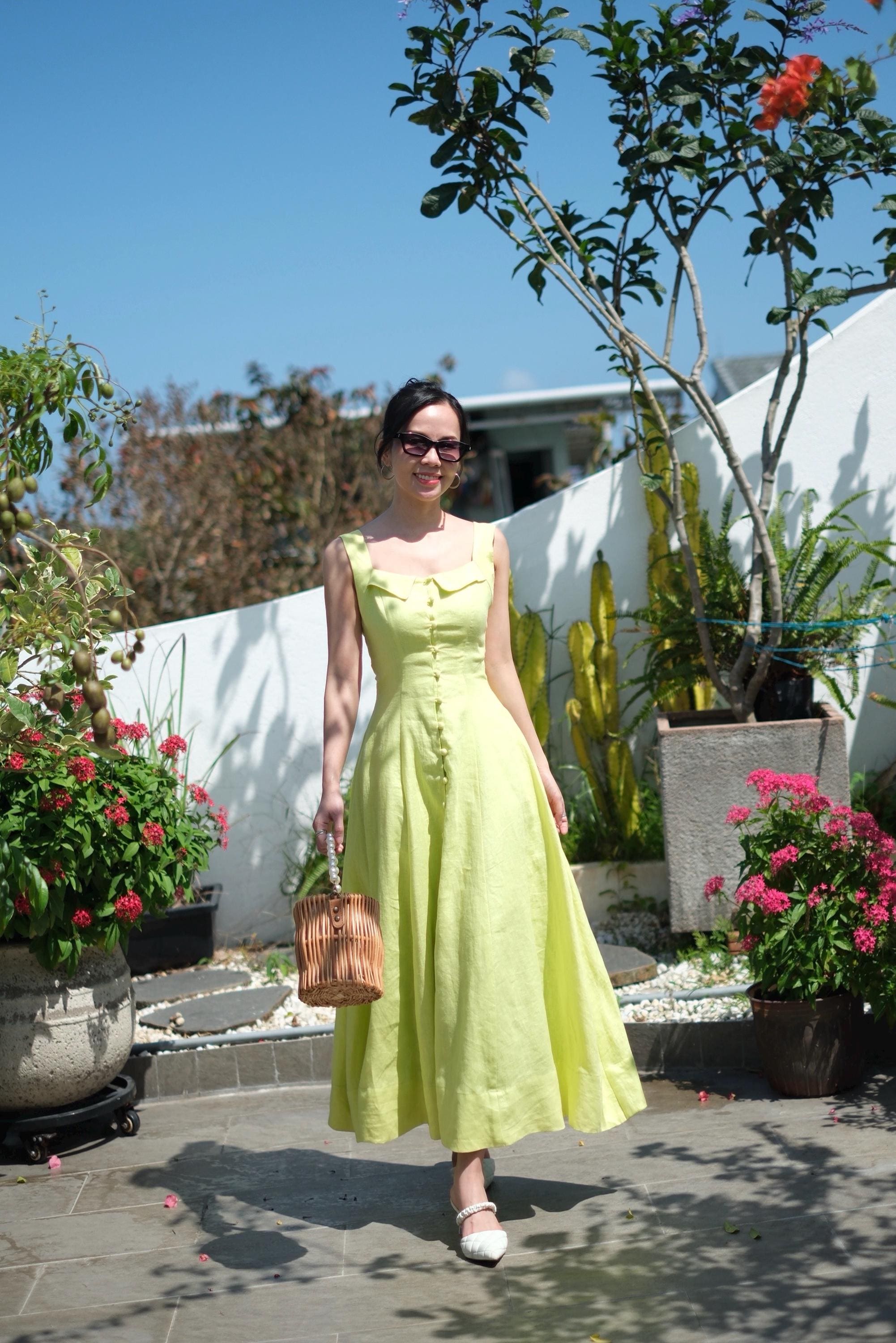 chartreuse linen dress Chartreuse Linen Dress - Square Neck Dress - Tassel Mini Dress
