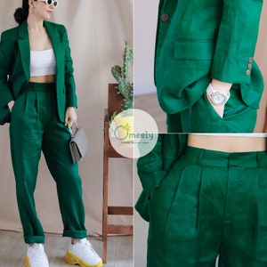 Handmade Linen Suit Linen Two Piece Set Summer Linen Blazer Women Dark Green Blazer Linen Jacket Vintage Blazer Wedding Suit Minimalist