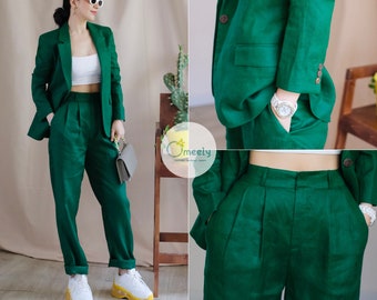 Handmade Linen Suit Linen Two Piece Set Summer Linen Blazer Women Dark Green Blazer Linen Jacket Vintage Blazer Wedding Suit Minimalist