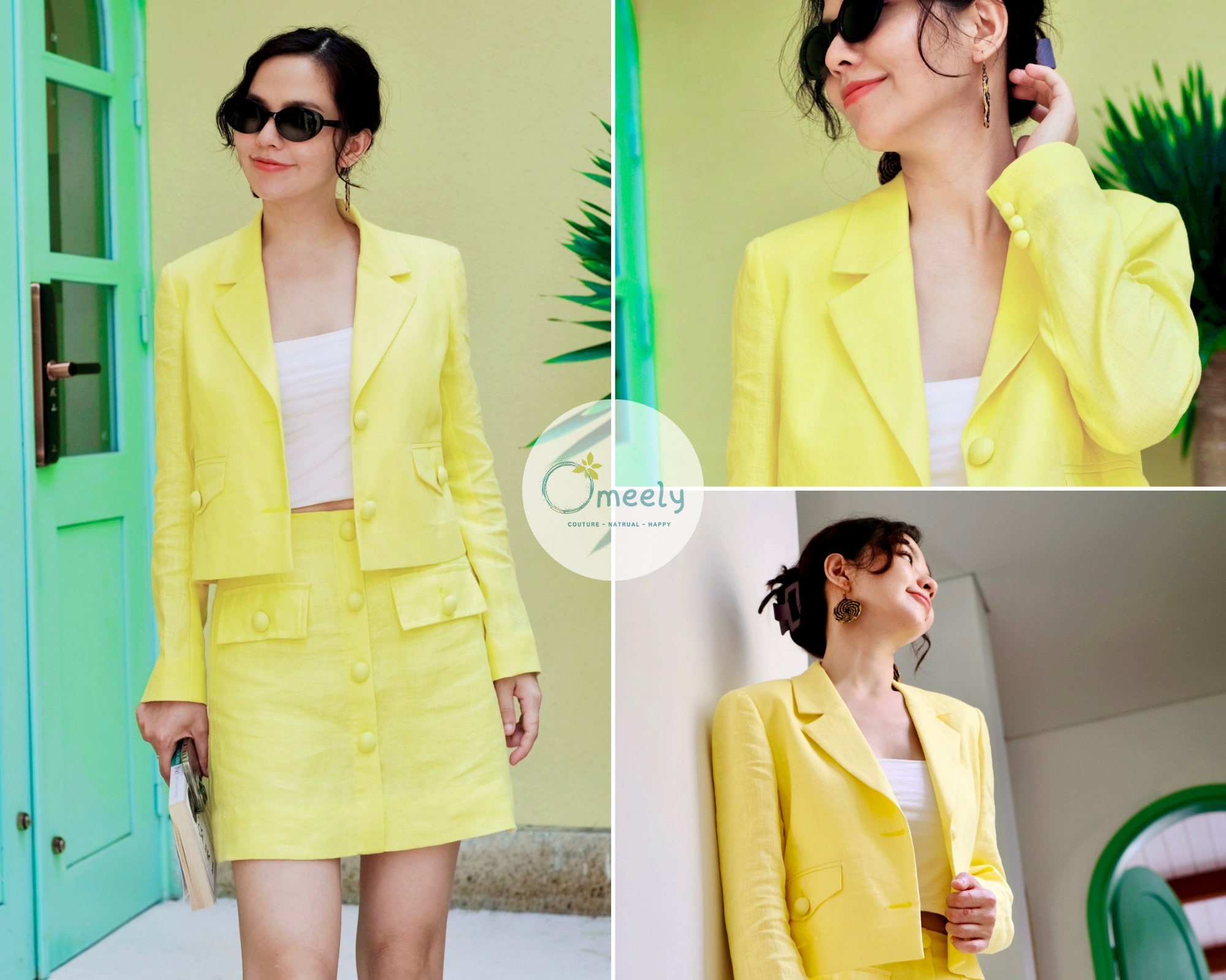 【THE MOZZ】Anna Linen Jacket & Skirt Set Lemon Yellow Linen Skirt Linen Blazer and Skirt Set Two