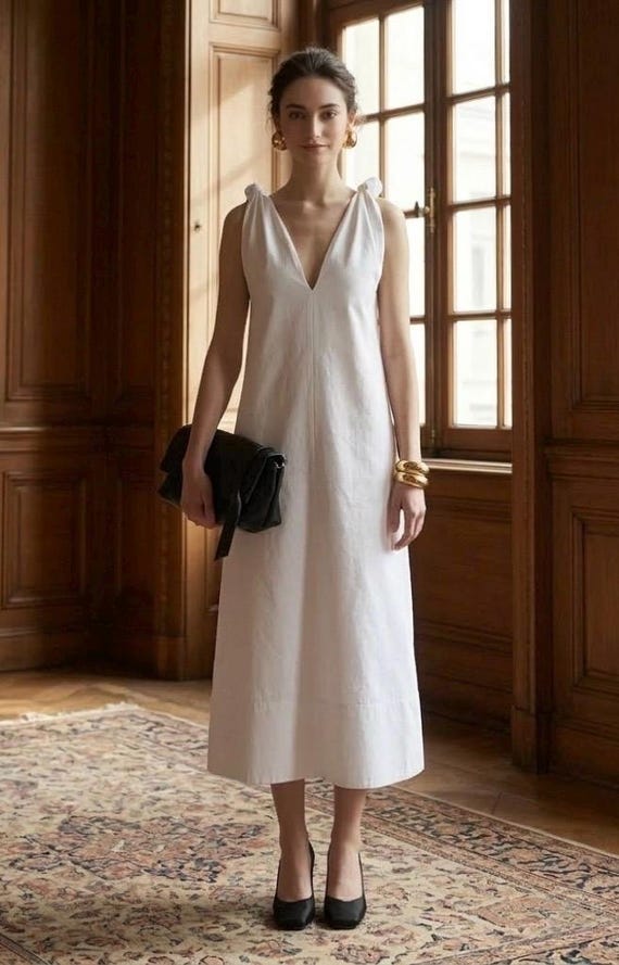 cotton poplin summer dresses White Midi Dress With Knot Straps, Elegant V Neck Dress for Women, Minimalist Backless Sun Dress, Quiet Luxury Clothing Welt pockets. swatchcolour_white Material:80% Wool 20% Viscose poplin dress Kim Kardashian's corset at