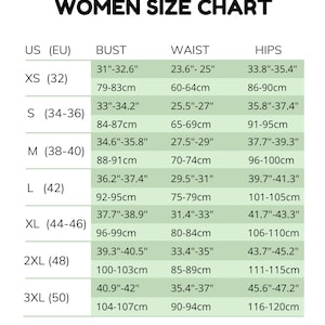 May include: A women's size chart from Omeely, with bust, waist, and hip measurements in inches and centimeters. Sizes range from XS to 3XL. The chart includes the text "We offer custom sizing if you have another size."