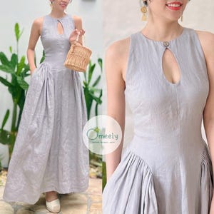 Leinenkleid mit Taschen Brautjungfer Kleid Benutzerdefinierte Leinen Cocktailkleid Schlüsselloch-Kleid Ärmellos Vintage Kleid Hochzeitskleid Geschenke für Sie