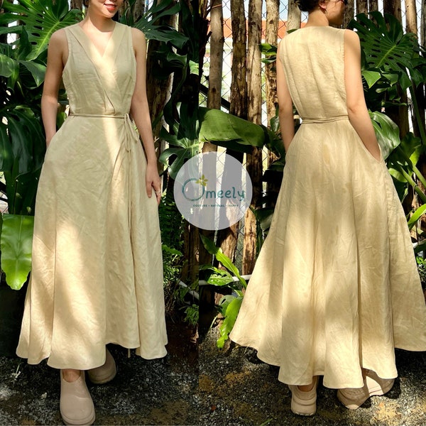 Vestido cruzado de lino Vestido de verano crema Vestido de lino con cuello en V Dara con bolsillos Vestido sin mangas para mujer Vestido de invitada de boda Vestido maxi de lino
