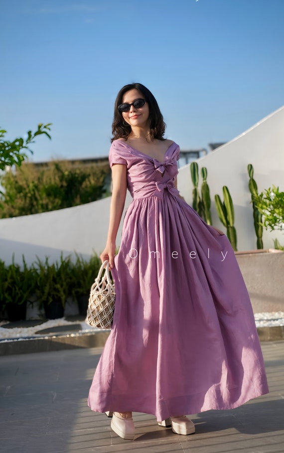 V-neck Linen Dress With Pockets Purple Heather Dress Linen Tie Front Dress For Women Wedding Guest Dress Linen Gown Dress Linen Maxi Dress