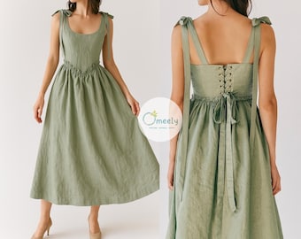 Square Neck Linen Dress Linen Wedding Dress With Pockets Elegant Vintage Dress Linen Maxi Dress Fall Dress Flax Tie Back Dress Gifts For Her