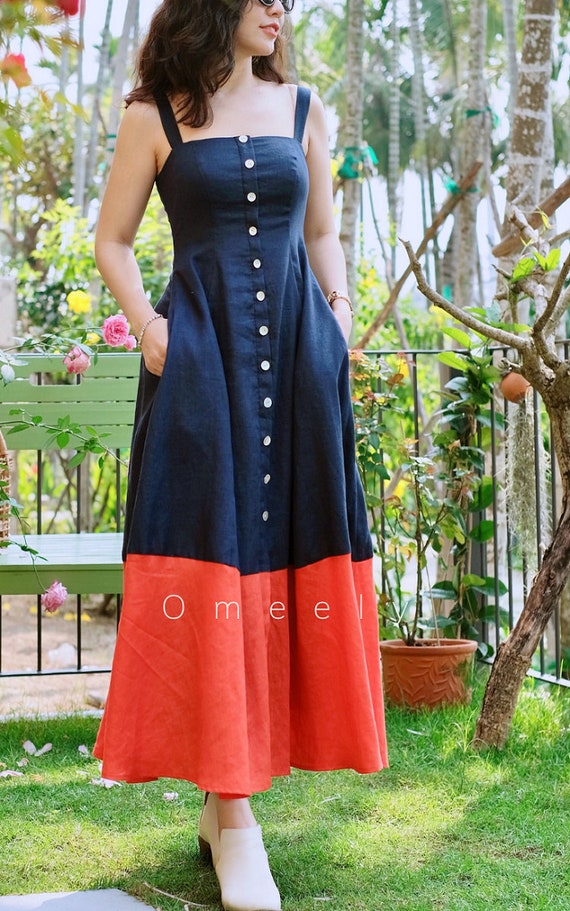 knee length dresses for ladies Blue Linen Blend Square Neck Midi Dress main image 0