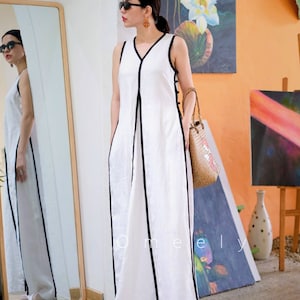 White Linen Dress Custom Dress Handmade gift Linen Two Piece Set Long Linen Dress White ao dai With Black Trim Linen Pants Gift For Women