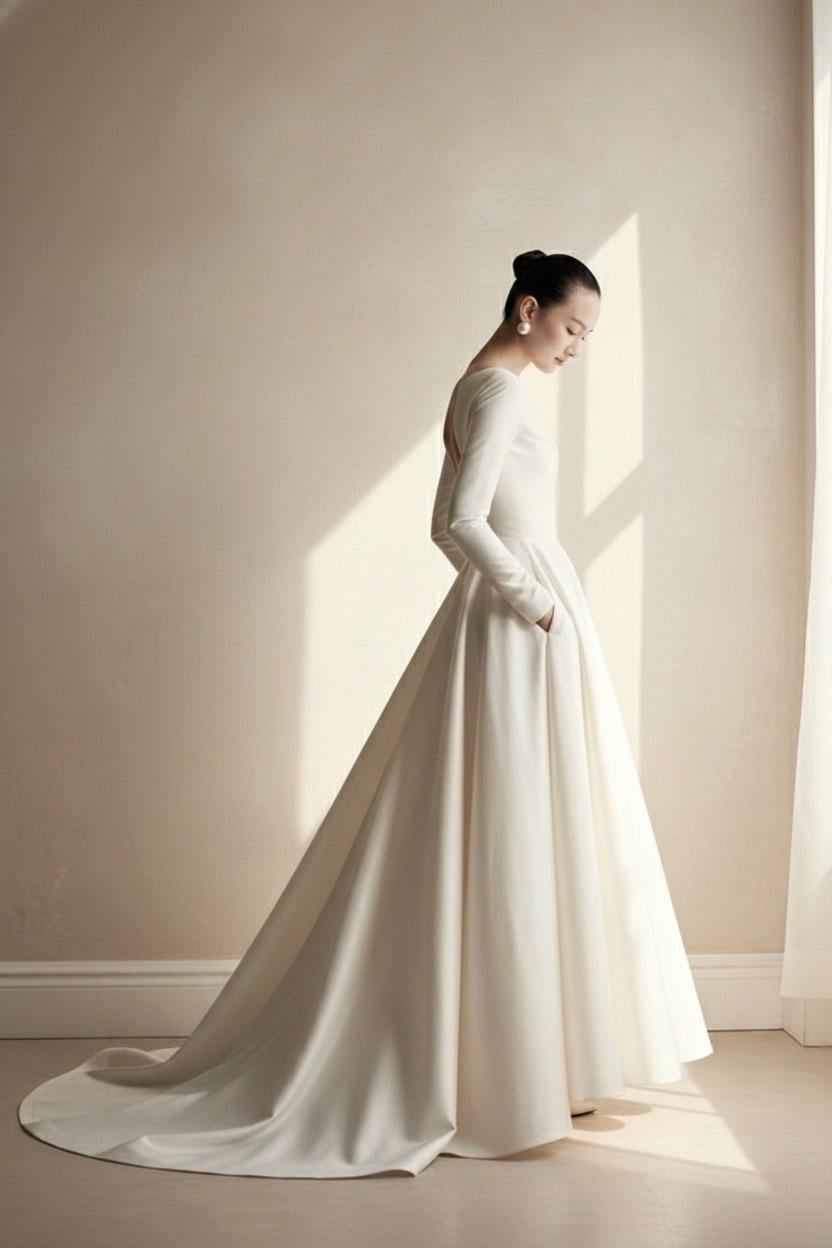 navy blue dress for baby girl Wonderful Backless A-line Long Sleeves Wedding Dress Boho Bridal Gowns,MW448 main image 1