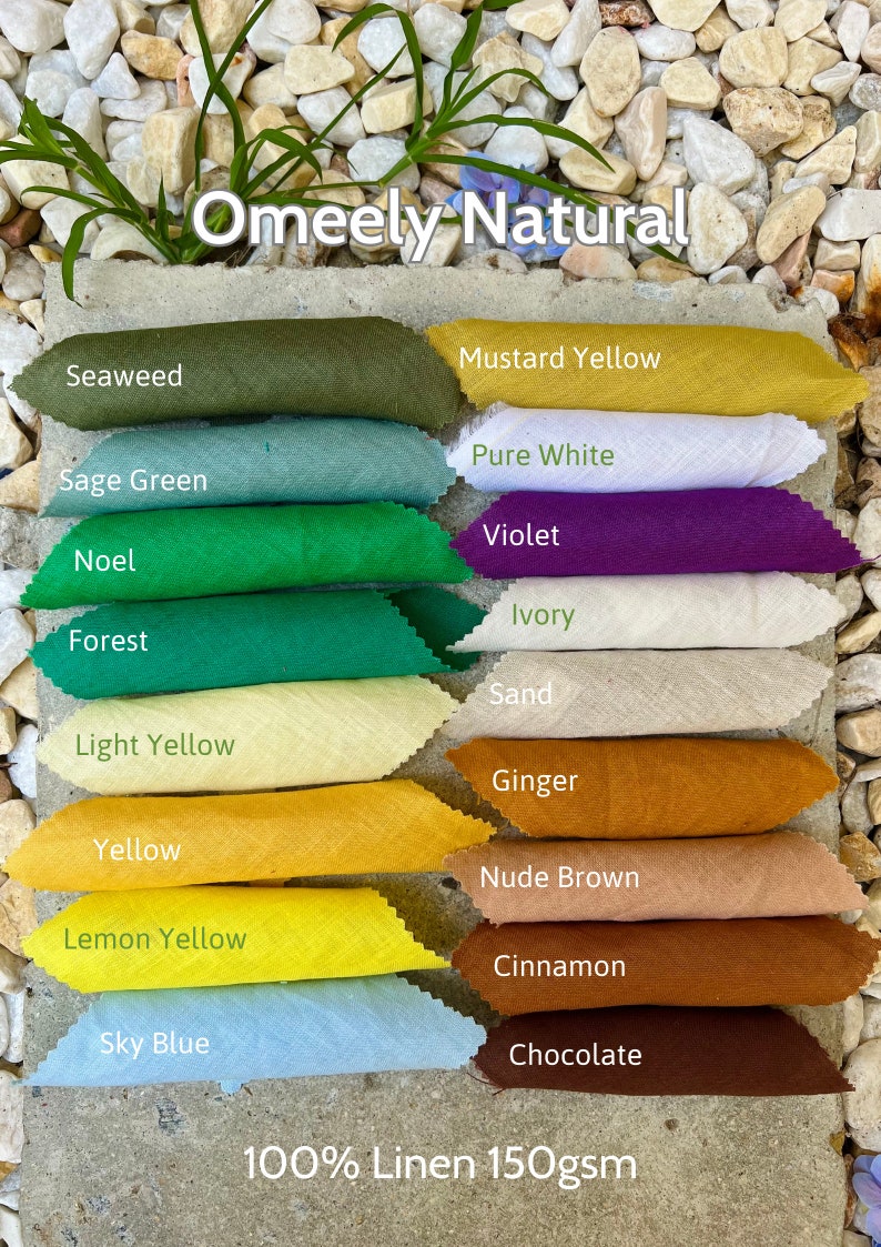 May include: A display of linen fabric swatches in various colors, including green, yellow, and brown. The swatches are labeled with color names like "Seaweed," "Mustard Yellow," and "Chocolate." The text "Omeely Natural" is at the top, and "100% Linen 150gsm" is at the bottom.