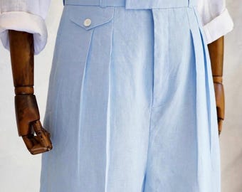 Custom 1940s Men Linen Trousers With Back Pockets Vintage Summer Linen Pants Casual Lightweight Slacks Retro Tailored Breathe Trouser Flax