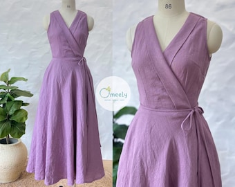 Abito a portafoglio in lino personalizzato, abito estivo, abito in lino con scollo a V e tasche, abito senza maniche per donna, abito da invitata a un matrimonio, abito lungo in lino, regali.