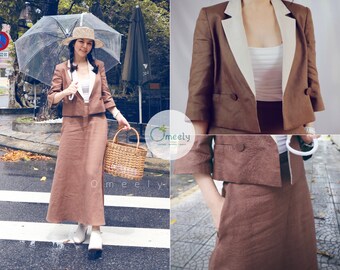 【THE MOZZ】Anna Linen Jacket & Skirt Set Lemon Yellow Linen Skirt Linen Blazer and Skirt Set Two