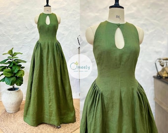 Linen Dress With Pockets Bridemaid Dress Custom Linen Cocktail Dress Keyhole Dress Sleeveless Vintage Dress Wedding Dress Gifts For Her