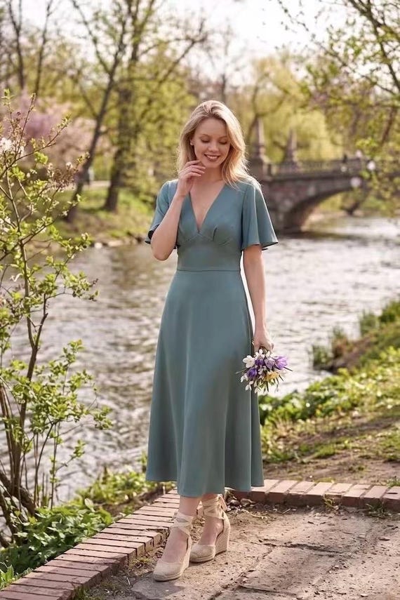 Sage Green Silk Bridesmaid Dress Open Back, Flutter Sleeve Midi Dress For Wedding Guest, Elegant Backless Prom Gown, Modest Photoshoot Dress