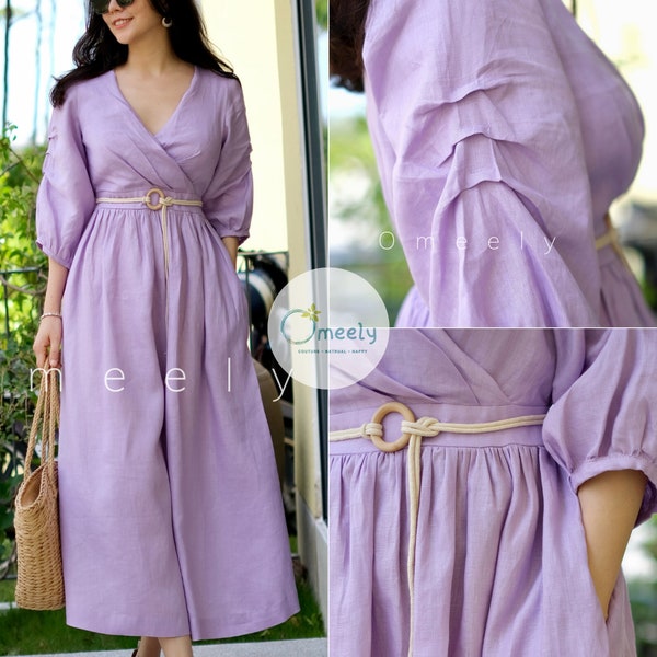 Damen Sommerkleid Wickelkleid Dara V-Ausschnitt Leinenkleid Taschen Lavendel Lila Kleid Puffärmel Kleid Für Frauen Hochzeitsgast Kleid