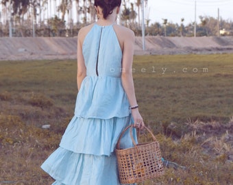 Linen Dress for Women Boho Layer Maxi Dress Linen Ruffle Dress Halter Dress Minimalist Linen Tunic Vacation Dress French Dress Clothing Gift