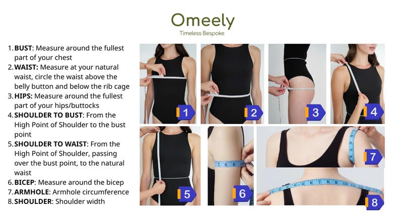 Puede incluir: Una infograf&iacute;a instructiva titulada Omeely Timeless Bespoke que presenta ocho diagramas numerados que demuestran t&eacute;cnicas de medici&oacute;n corporal para ropa, incluyendo busto, cintura, caderas, hombro a busto, hombro a cintura, b&iacute;ceps, sisa y ancho de hombros.