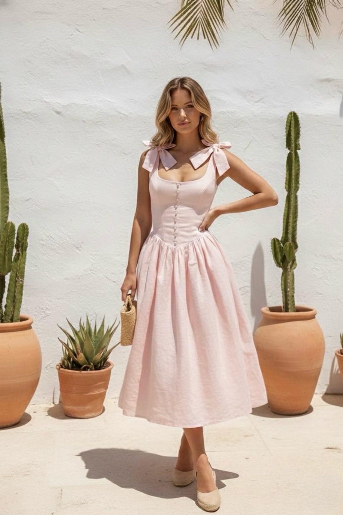 May include: A light pink midi dress with a fitted bodice and a flared skirt. The dress features bow details on the shoulders and a row of buttons down the front. A small straw handbag and espadrille wedges complete the look. Cacti and potted plants are in the background.