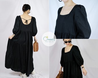 Oversized Linen Dress Maternity Dress Summer Dress Black Linen Tunic Puff Sleeve Dress Custom Dress Square Neck Dress With Pockets