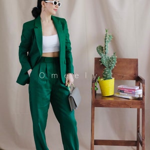 Handgemachter Leinenanzug Leinen Zweiteiler Set Sommer Leinen Blazer Damen Dunkelgrün Blazer Leinenjacke Vintage Blazer Hochzeitsanzug Minimalistisch Bild 3