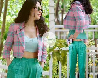 Summer Pants Linen Suit Linen Two Piece Set Pink Plaid Blazer Linen Blazer Women Blazer Crop Blazer Vintage Blazer Graduation Gifts