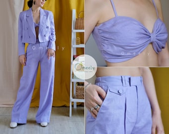 Summer Linen Suit Linen Two Piece Set Lilac Purple Linen Blazer Women Blazer Crop Blazer Vintage Blazer Graduation Gifts Croptop Custom Suit