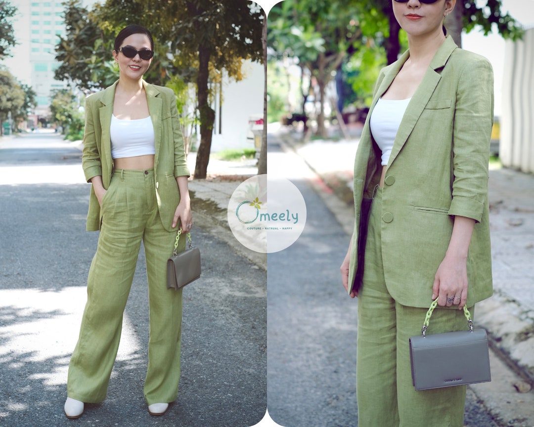 Ladies Linen Pleated Pant - Olive