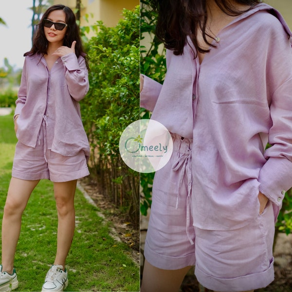 Oversized Linen Shirt Women PomPom Linen Shorts Women Pajama Shorts Minimalist Lilac Purple Shirt Summer Shirt Linen Top Linen Two Piece Set