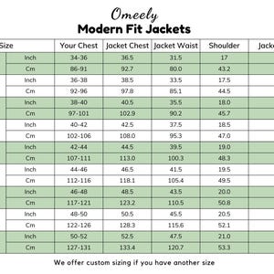 May include: A size chart for Omeely Modern Fit Jackets featuring a table with columns for size, chest, waist, shoulder, and length measurements in both inches and centimeters for sizes 34 XS through 50 5XL, with a note about custom sizing.