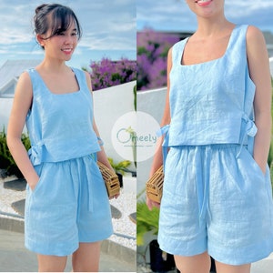 Sky Blue Linen Top Linen Shorts Set Minimalist Linen Blouse Linen Crop Top Summer Tank Tops Linen Clothing Gift For Her Linen Elastic Shorts