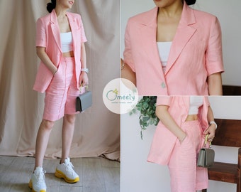 Linen Two Piece Set Linen Bermuda Shorts Pink Linen Blazer And Shorts Set Women Linen Suit Women Pleated High Waisted Shorts Graduation Gift