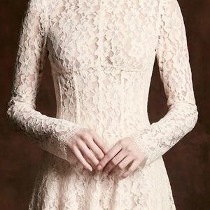 以下が含まれることがあります： アイボリー色のレースドレス。長袖とハイネックのデザイン。フィットした胴体とフレアスカートが特徴で、繊細な花柄が生地全体に施されています。