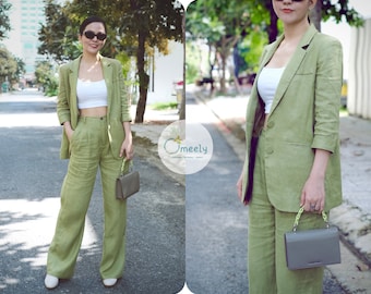 Linen Suit Linen Two Piece Set Linen Blazer Women Olive Green Blazer Linen Jacket Linen Vintage Blazer Summer Blazer Sustainable Fashion