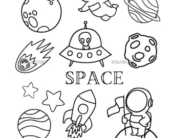 Weltraum-Malvorlage für Kinder | Raketen, Astronauten, Planeten (PDF zum Ausdrucken) | Arbeitsblatt zum Sonnensystem | MINT-Aktivität für Jungen | Sofort-Download
