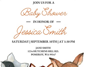 Plantilla de invitación de baby shower de Greenery Woodland Animals, conjunto de invitación de baby shower de Woodland, descarga de invitación de baby shower imprimible