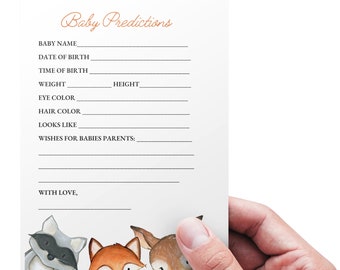 Predicciones de baby shower de animales del bosque verde, juego de baby shower del bosque, descarga imprimible del juego de baby shower