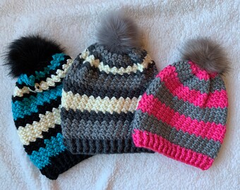 Striped Crochet Hat with Faux Fur Pompom