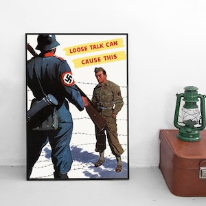 WWII Propaganda Poster USA &quot;Loose talk can cause this&quot; POW Spies Second World War Patriotism WW2 Art Wall Print Spy