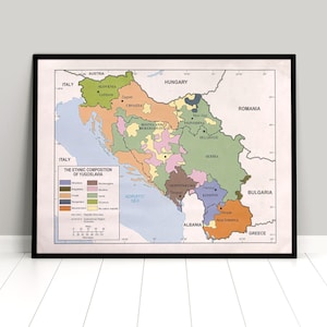 1991 Kaart van Joegoslavische etniciteiten / volkeren / etnische groepen / Balkan / vintage / poster / geschiedenis / Tito / oorlog Joegoslavië