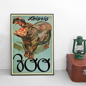 Poster &quot;Zoo Leipzig&quot; Saxony / Hippo / hippopotamus / Vintage Art Wall Print Home Decor Plakatstil German Germany