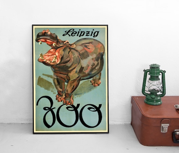 Poster "Zoo Leipzig" Saxony, Germany / Hippo / Vintage Art Wall Print