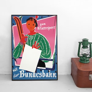 1957 Poster German Railways -Ahead to the winter sports with the Bundesbahn- Deutsche Bahn DB Print Wall Print