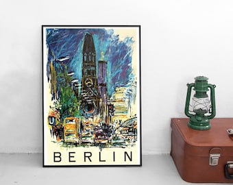 May include: A vintage travel poster featuring a colorful illustration of a cityscape with a tall church tower in the center. The poster has the word "BERLIN" printed in bold, white letters at the bottom.